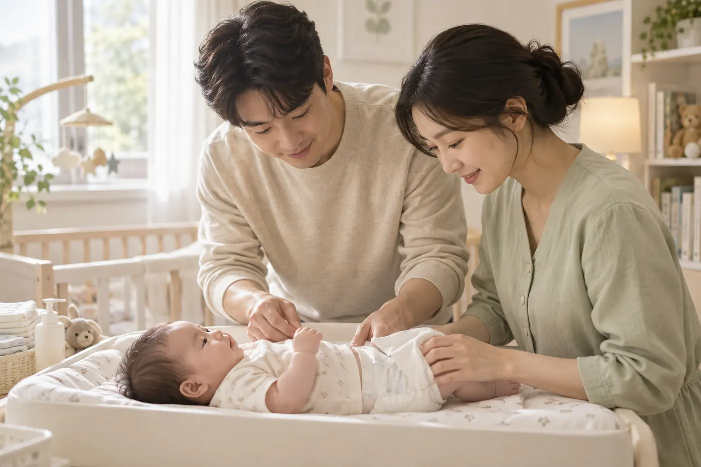 기저귀를 갈며 아기의 변화를 차분히 살피는 부모