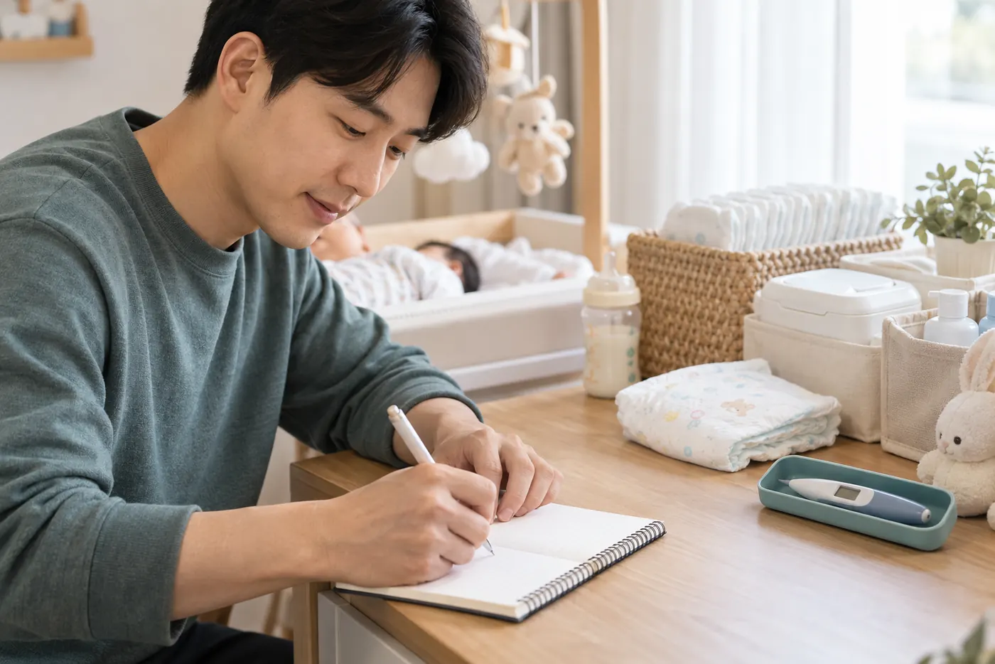 아기 기저귀 변화와 수유 상태를 기록하는 아빠