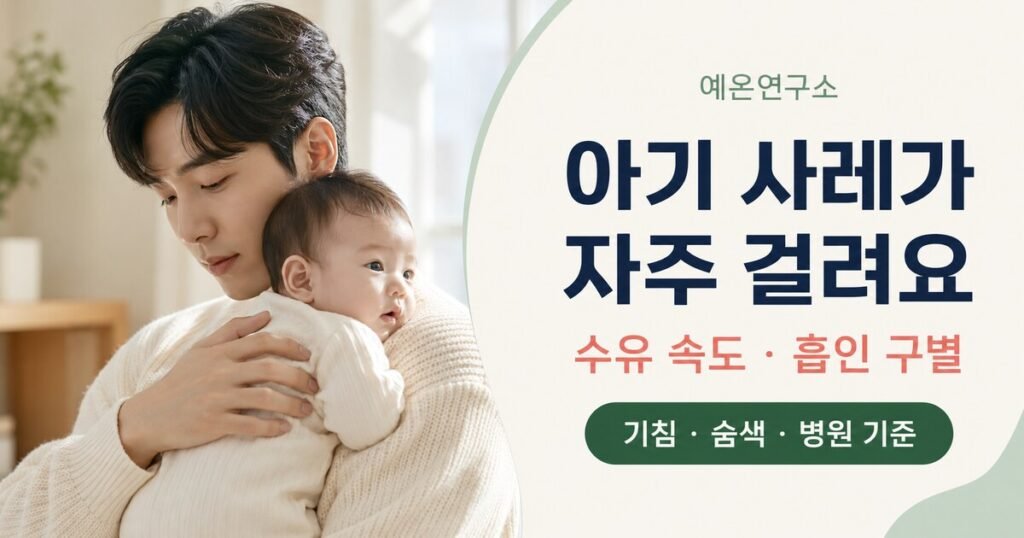 아기 사레가 자주 걸릴 때 수유 속도와 흡인 위험 신호를 살피며 아기를 세워 안은 젊은 아빠