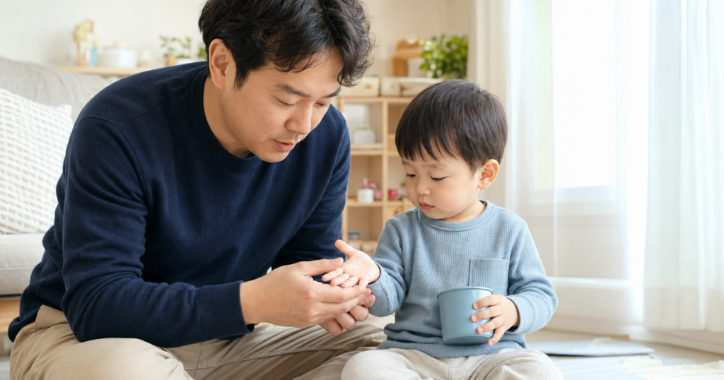 아기 수족구 초기증상을 확인하려 아이 손바닥을 살피며 수분을 챙기는 한국인 아빠