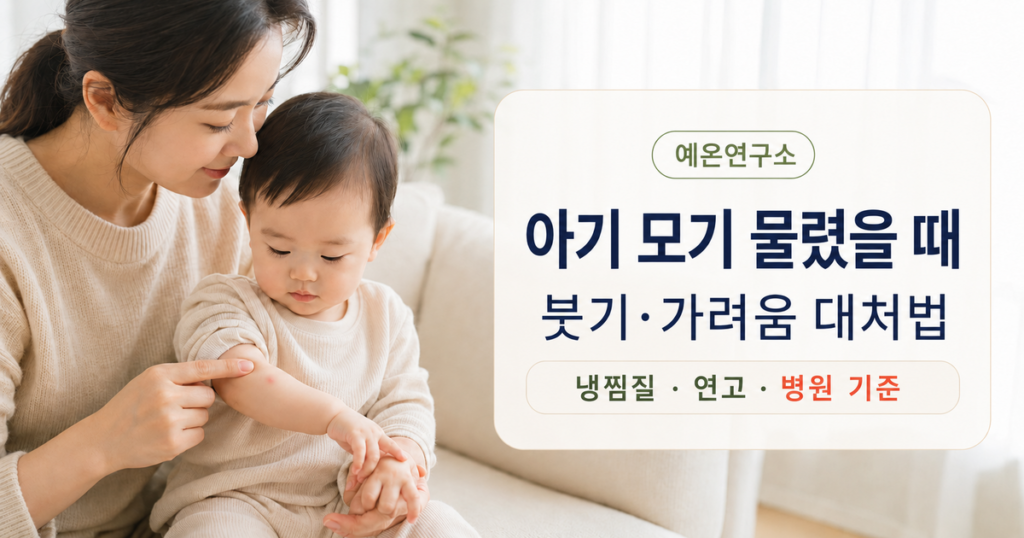 아기 모기 물렸을 때 붓기·가려움 대처법 문구와 함께 아이 팔을 살피는 한국인 엄마