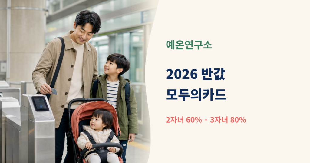 한국인 아빠와 두 자녀가 지하철을 이용하는 모습 옆에 2026 반값 모두의카드 다자녀 2자녀 60퍼센트 3자녀 80퍼센트 문구가 있는 대표이미지