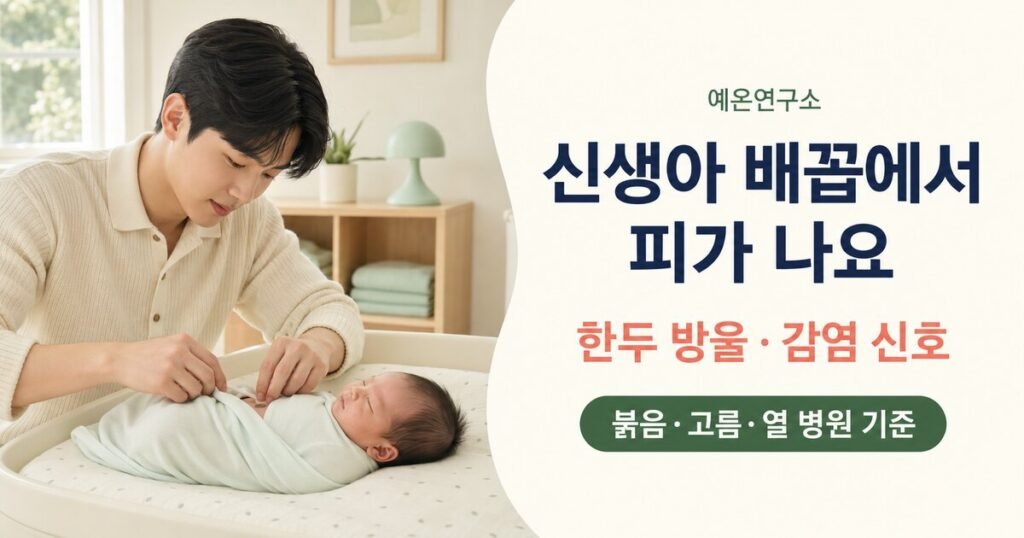 신생아 배꼽에서 피가 날 때 정상 범위와 감염 신호를 확인하는 젊은 아빠 신생아 배꼽에서 피가 나요