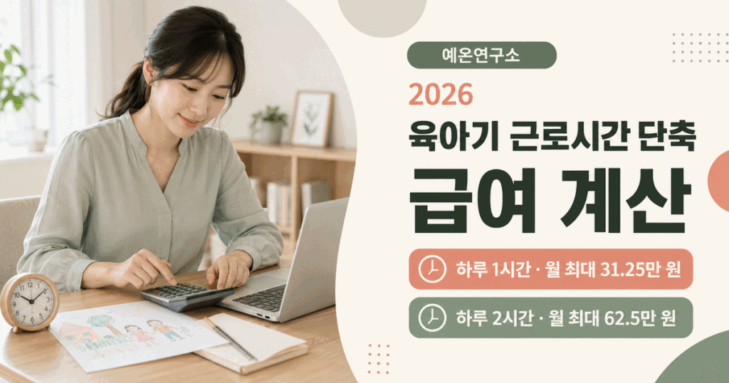 계산기로 월급을 계산하는 한국인 워킹맘 옆에 2026 육아기 근로시간 단축 급여 계산 하루 1시간 월 최대 31.25만 원 하루 2시간 월 최대 62.5만 원 문구가 있는 이미지