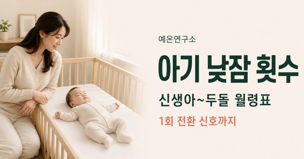 아기 낮잠 횟수 신생아부터 두돌 월령표 문구 오른쪽과 안전한 아기침대에서 등을 대고 낮잠 자는 아기를 바라보는 한국인 엄마