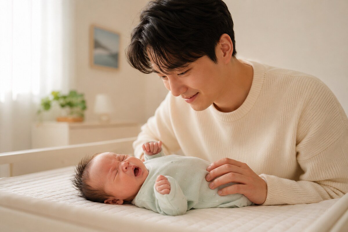 편안히 누운 신생아가 한 번 재채기하는 모습을 지켜보는 아빠