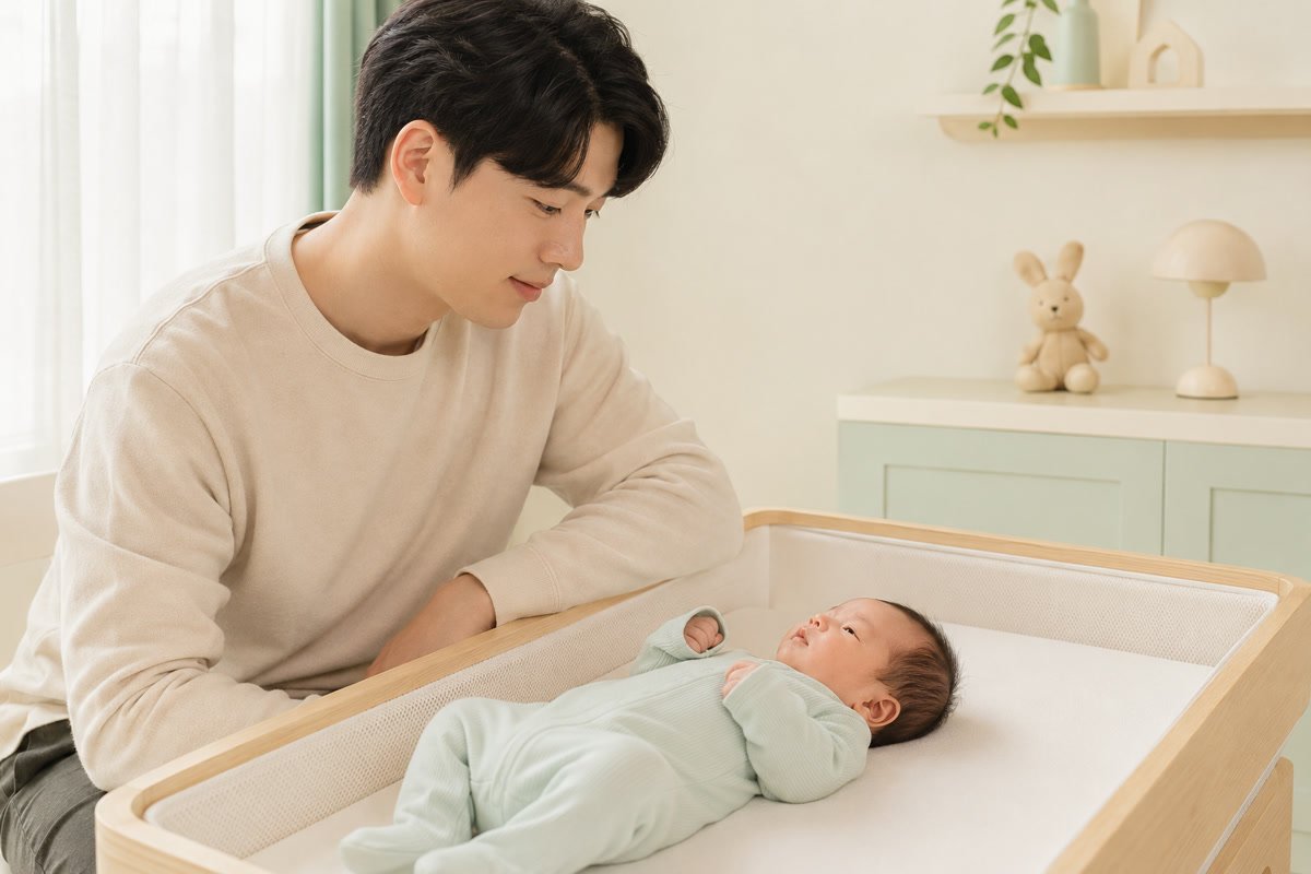 신생아의 코와 가슴 움직임을 차분히 관찰하는 아빠