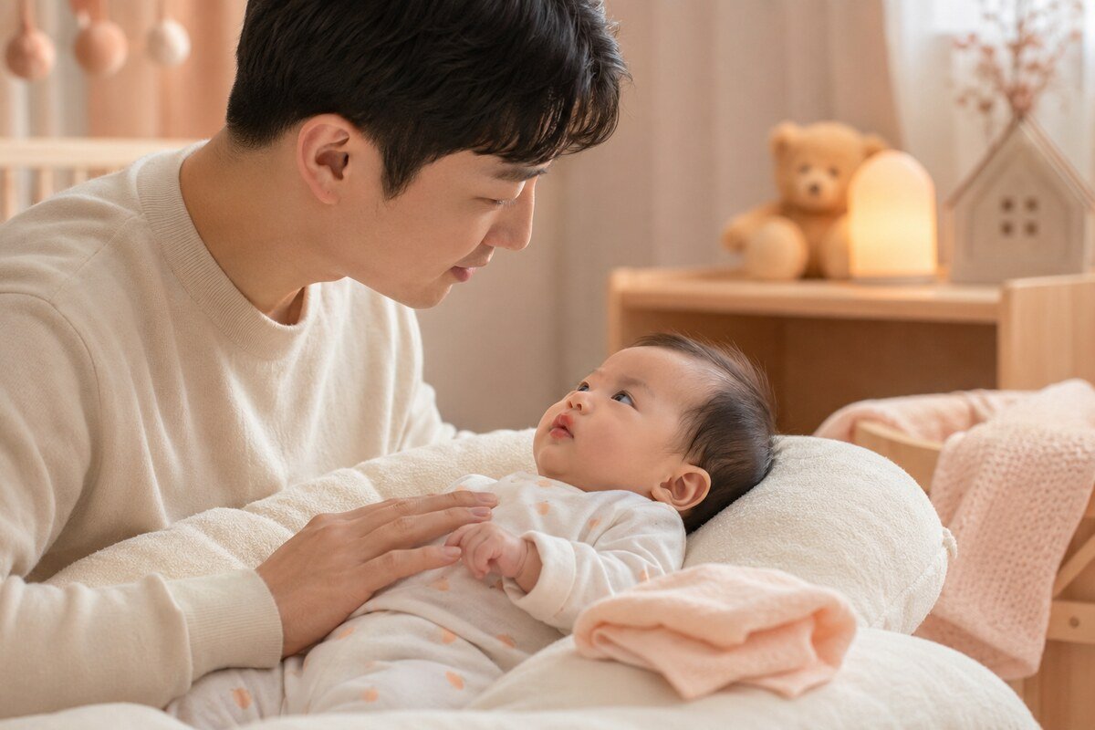 신생아 입술 가운데 생긴 작은 수유 물집을 확인하는 아빠