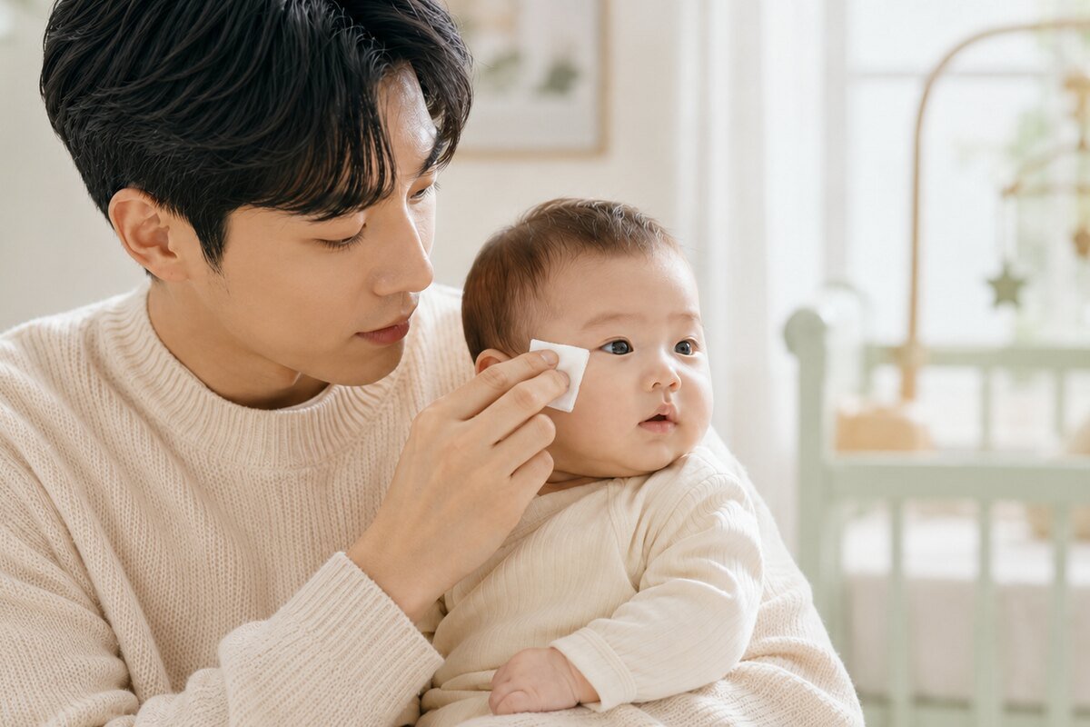 손을 씻은 보호자가 새 거즈로 신생아 눈곱을 부드럽게 닦아주는 모습