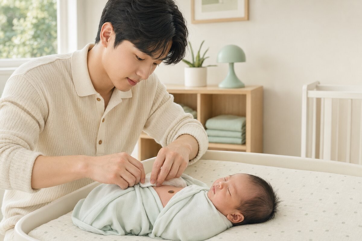 신생아 배꼽 기저귀 아래로 접기 신생아 배꼽이 마르도록 기저귀 앞부분을 배꼽 아래로 접어주는 아빠
