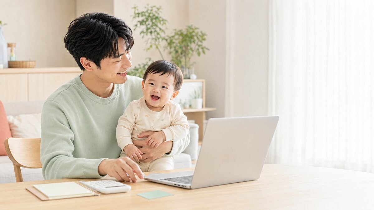 노트북으로 아이돌봄서비스 비용과 정부지원을 확인하는 한국인 아빠와 아기