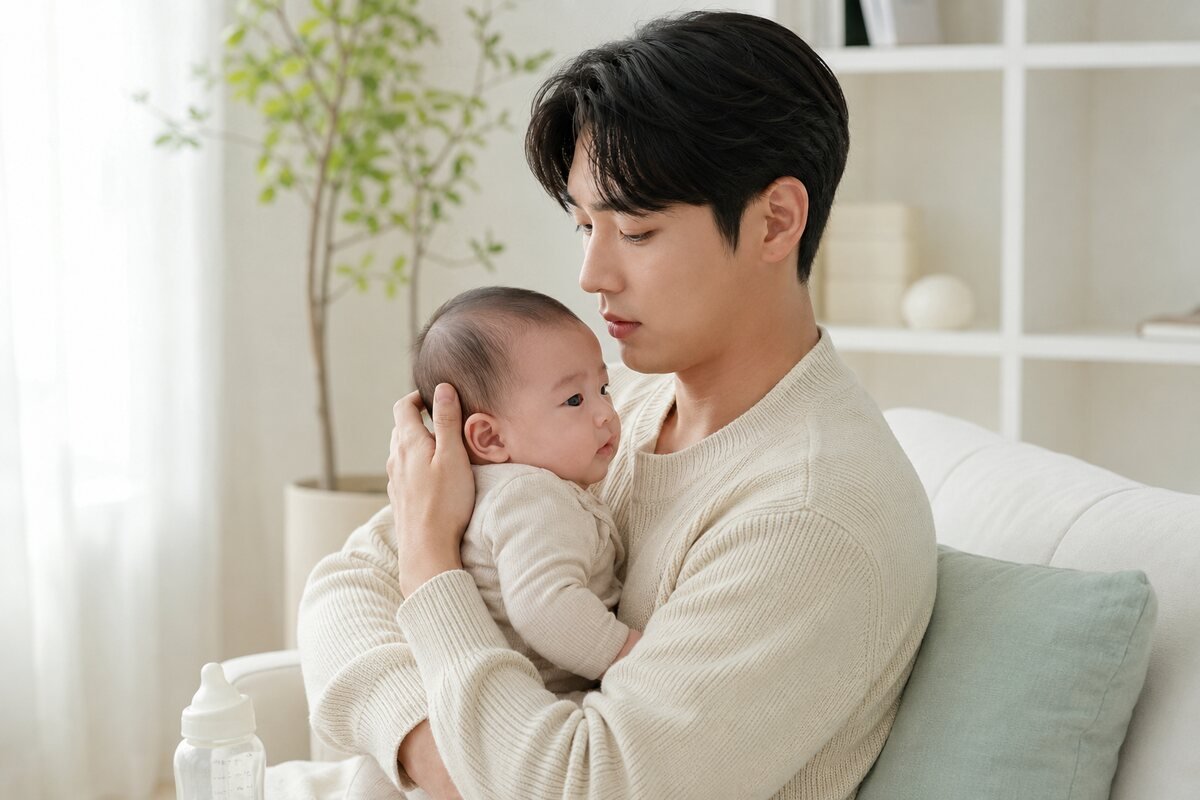 분유 먹다 기침한 아기를 세워 안고 호흡을 확인하는 아빠