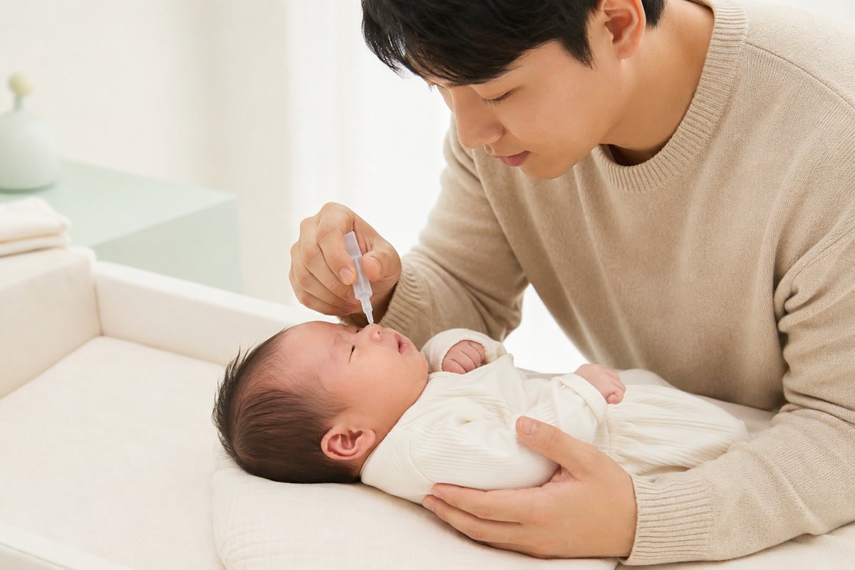 수유 전 신생아 코에 멸균 생리식염수를 소량 떨어뜨리는 아빠