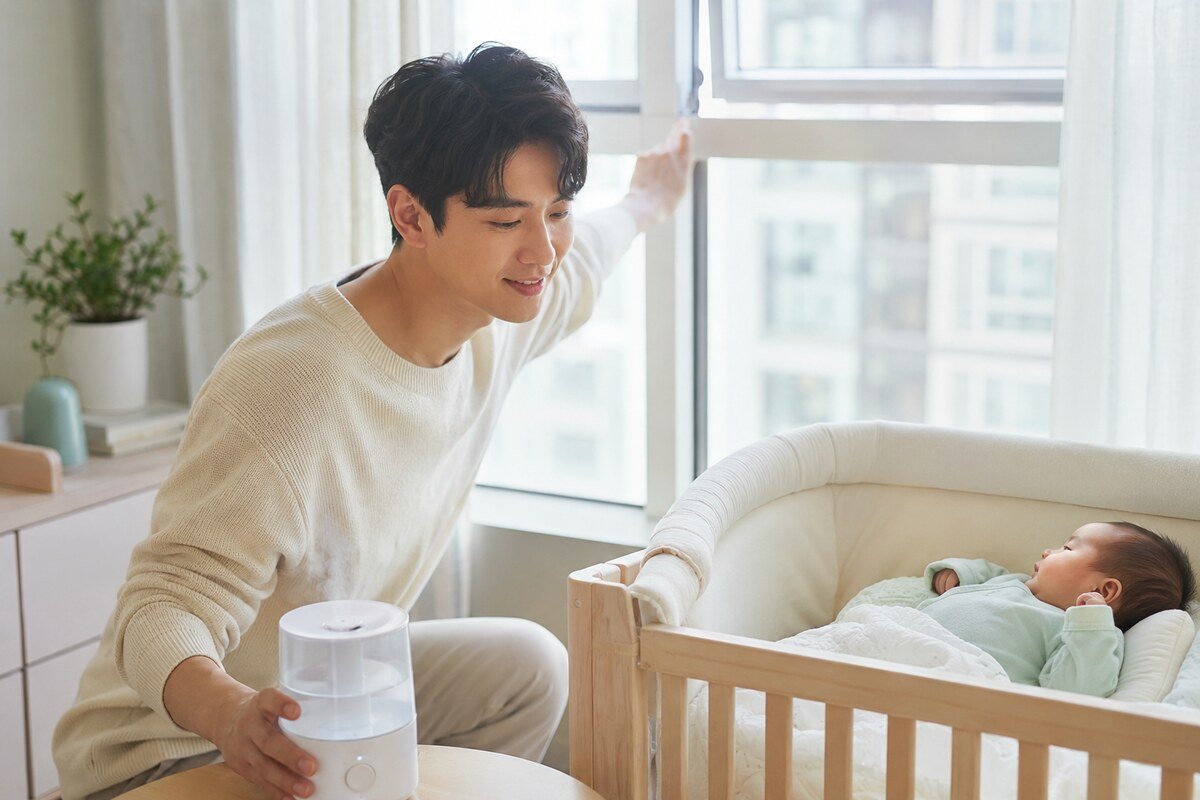 신생아에게 직접 바람이 닿지 않게 환기와 습도를 점검하는 아빠