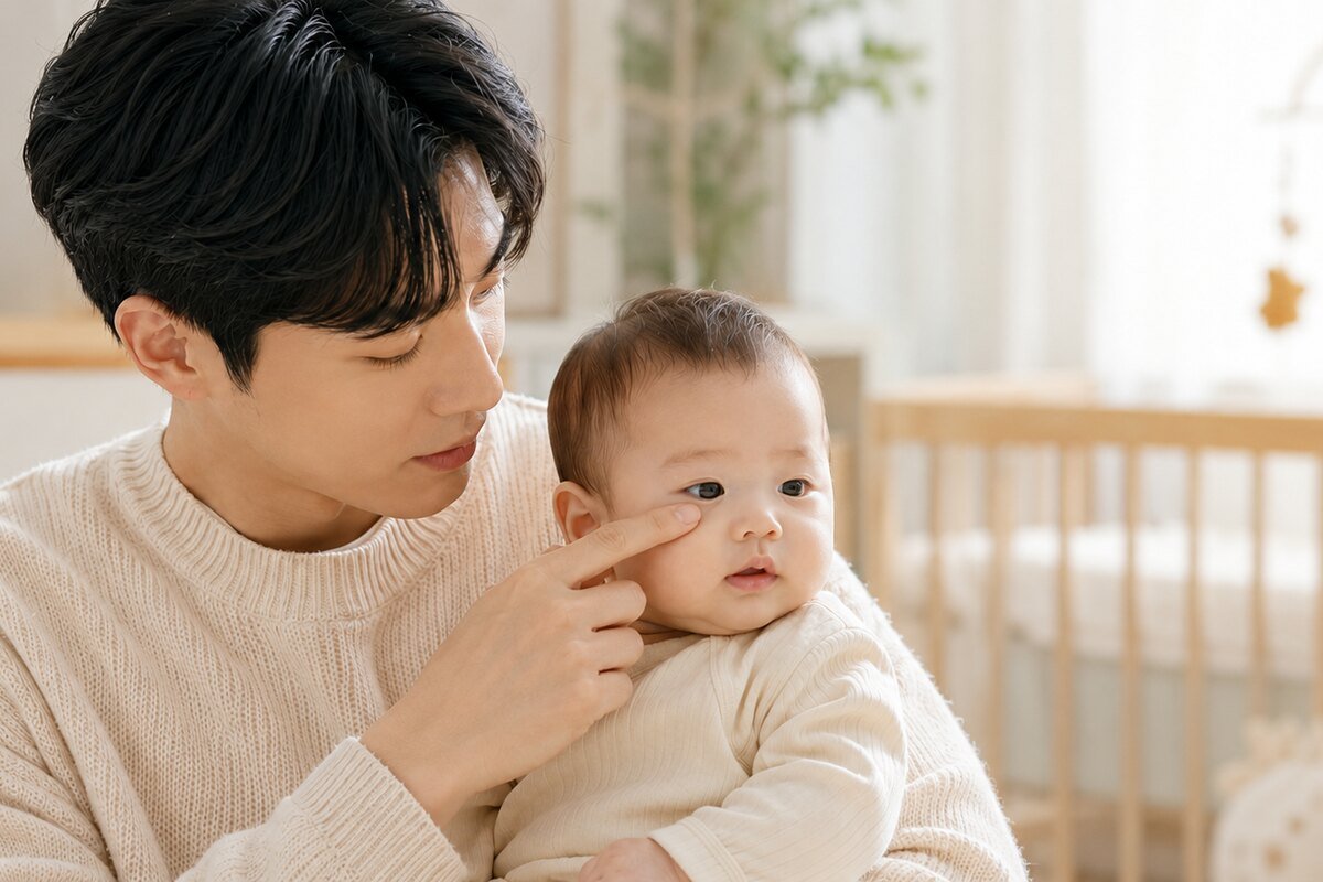 의료진에게 안내받은 위치를 확인하며 신생아 눈물길 마사지를 준비하는 보호자