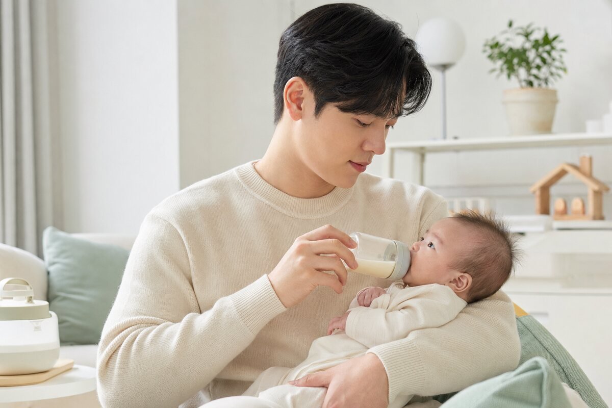 공기 삼킴을 줄이도록 아기를 반쯤 세워 천천히 젖병 수유하는 모습