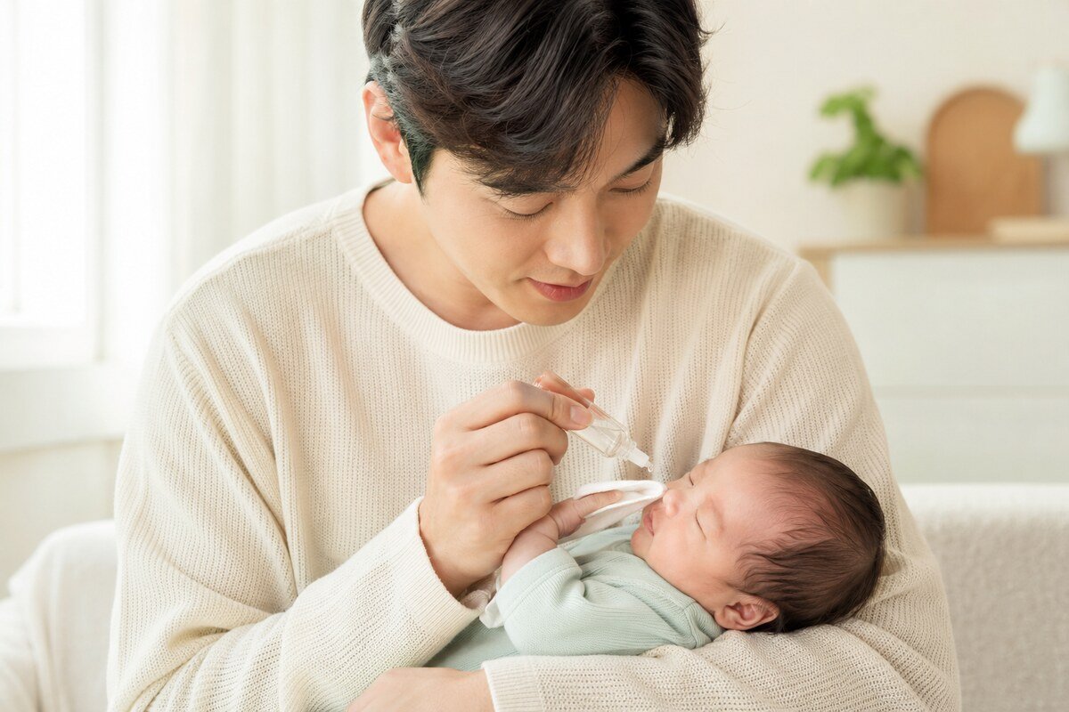 신생아 코에 멸균 생리식염수를 소량 사용하고 바깥만 닦는 아빠