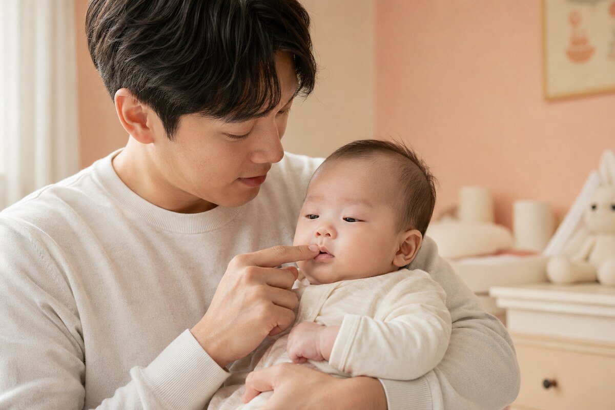아기 입술 수포를 줄이기 위해 반세운 자세로 천천히 젖병 수유하는 아빠