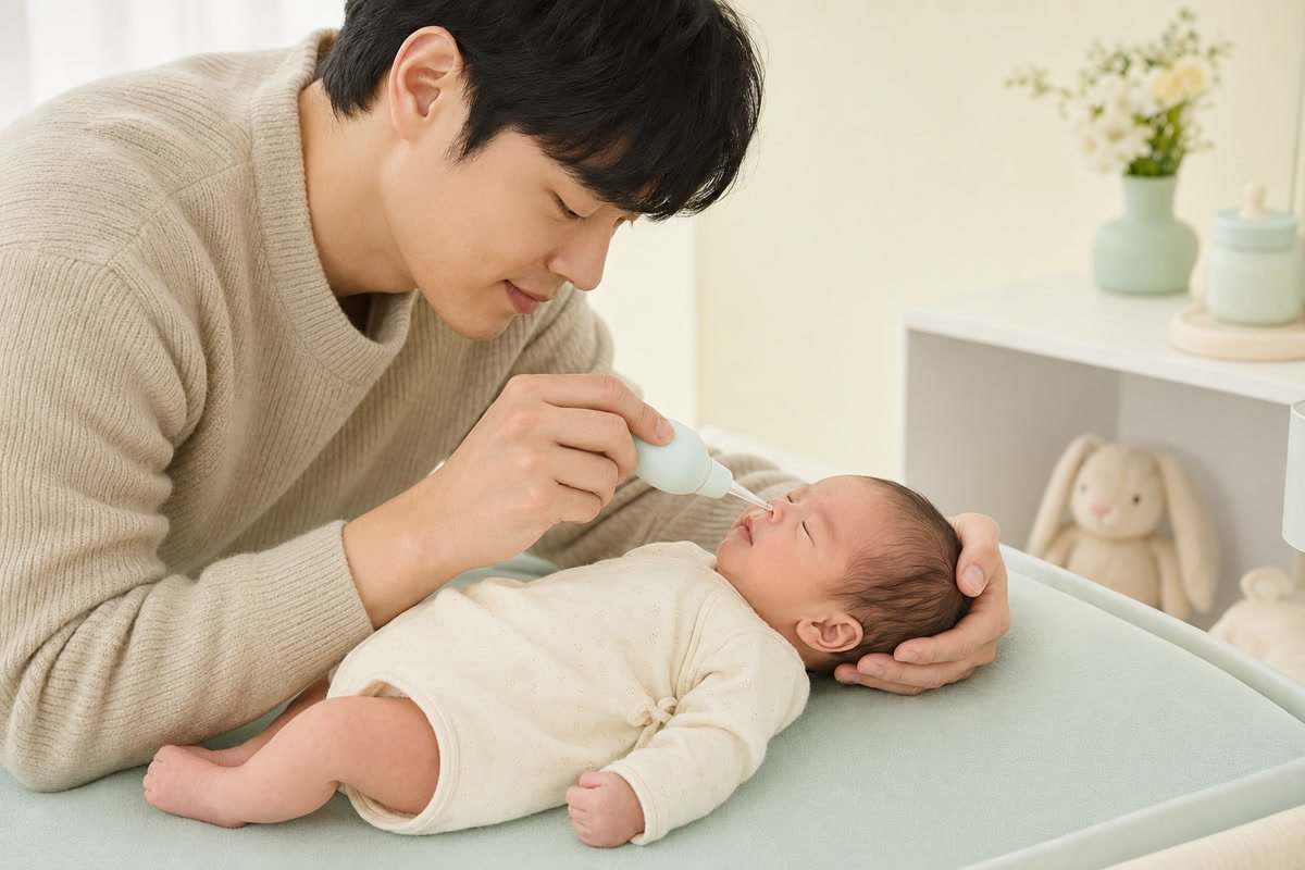 신생아 콧구멍 입구에서 코흡입기를 부드럽게 사용하는 아빠