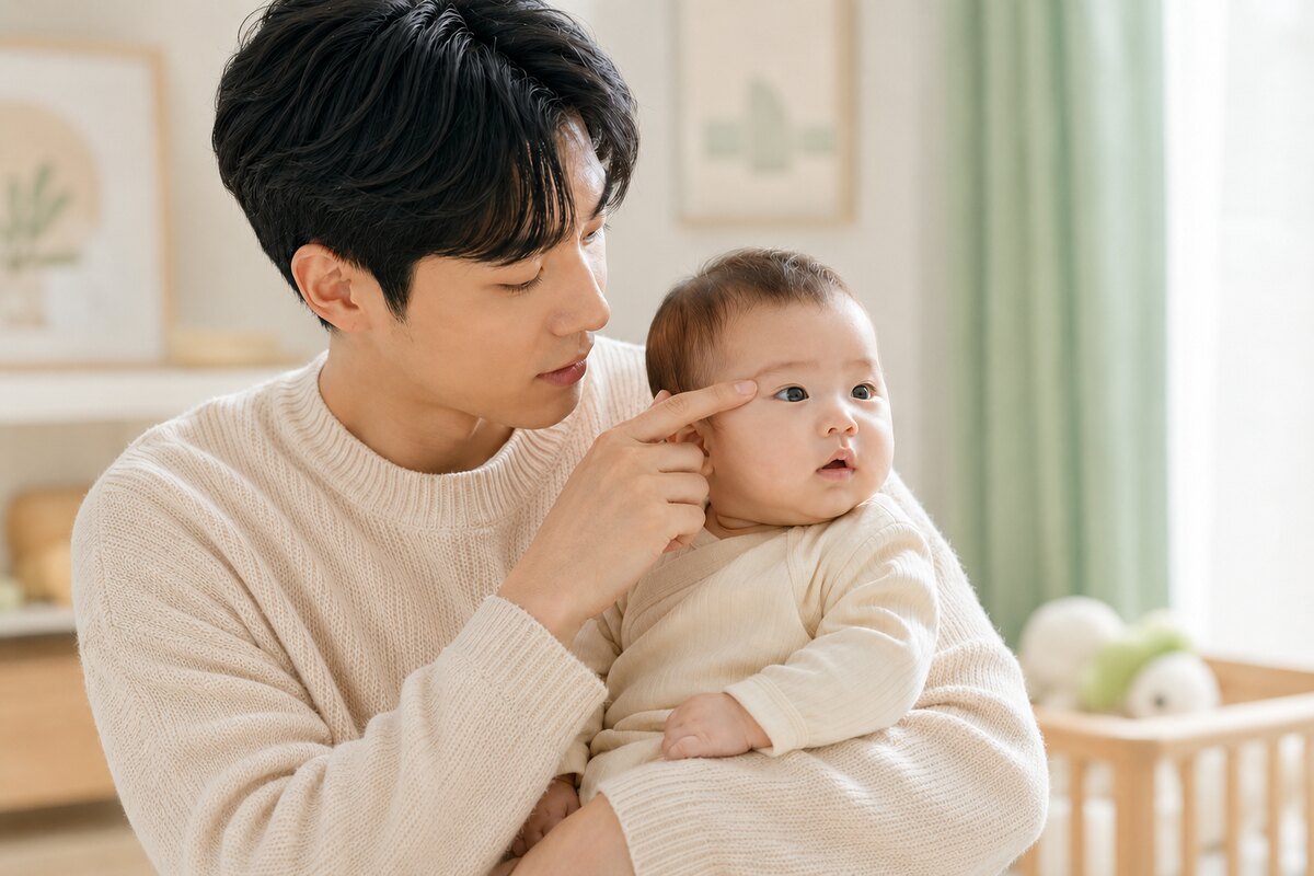 보호자가 신생아의 흰자 충혈과 눈꺼풀 붓기를 밝은 곳에서 확인하는 모습
