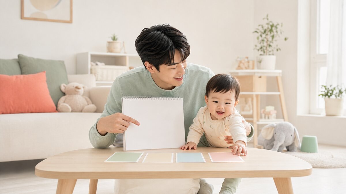 아이돌봄서비스 지원 조건을 네 단계로 차분히 확인하는 한국인 아빠와 아기