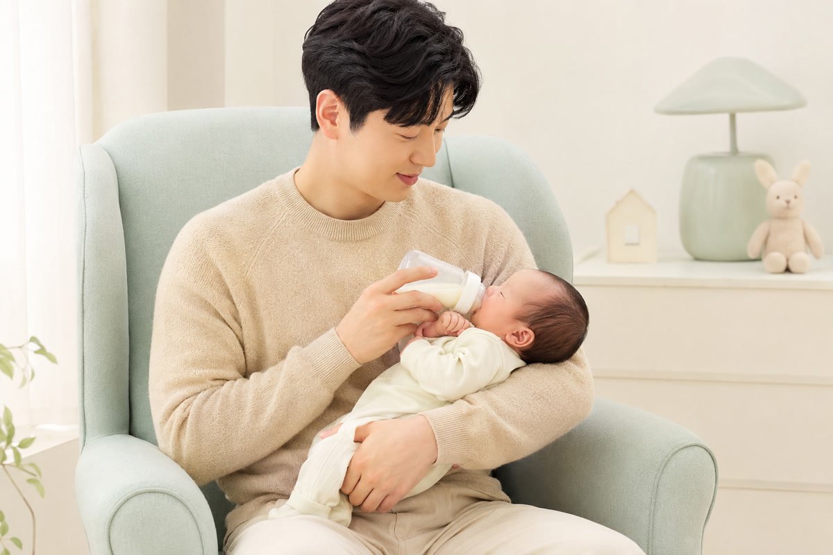 코막힘을 관리한 뒤 신생아를 반세운 자세로 수유하는 아빠