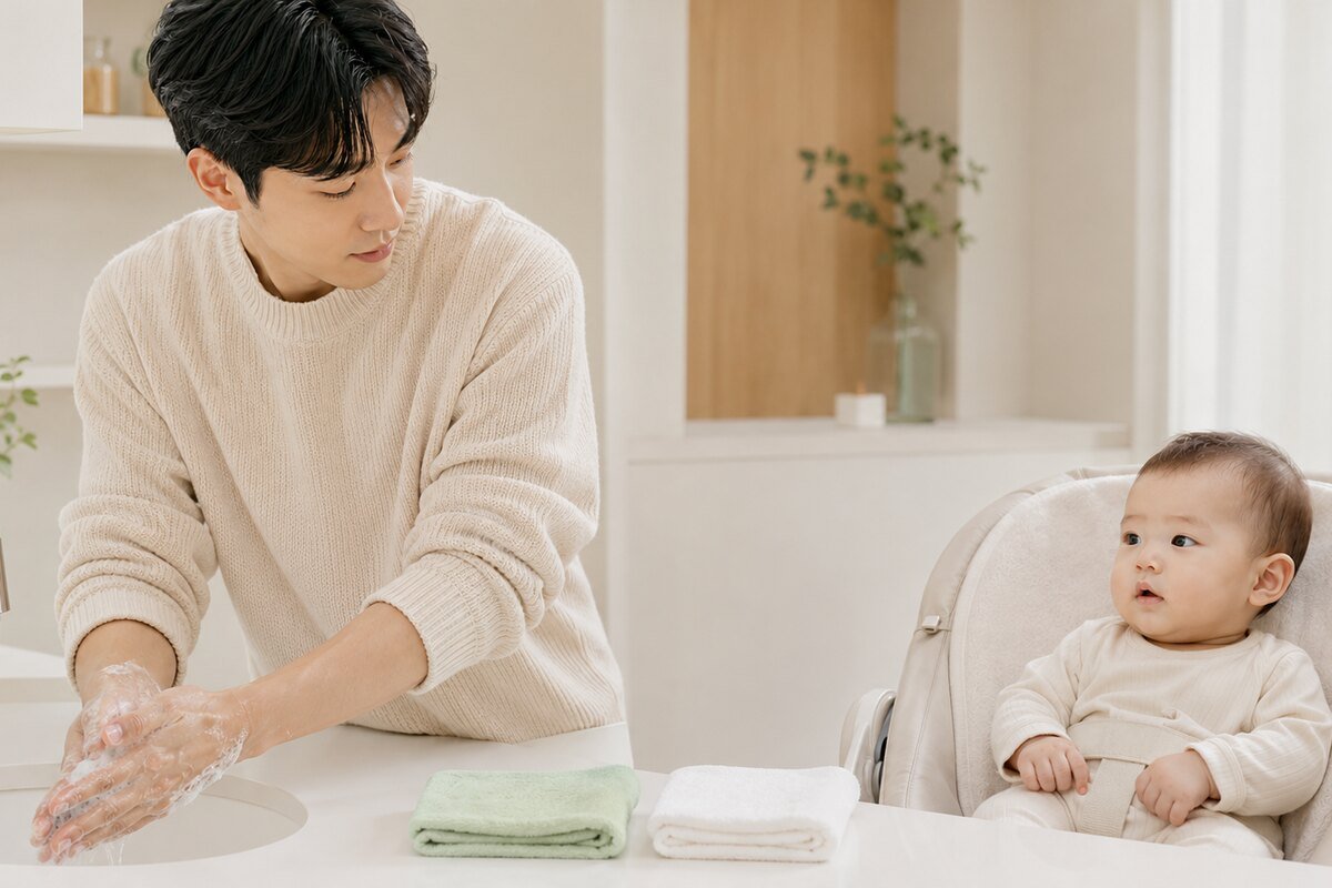 신생아 눈곱 관리 전 손을 씻고 눈마다 새 거즈와 수건을 준비한 모습