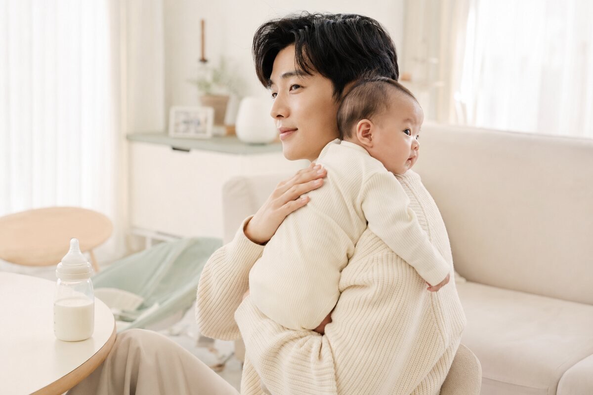 신생아 수유 중 젖병 각도를 낮춰 우유 흐름을 줄이고 아기가 잠시 쉬도록 돕는 보호자