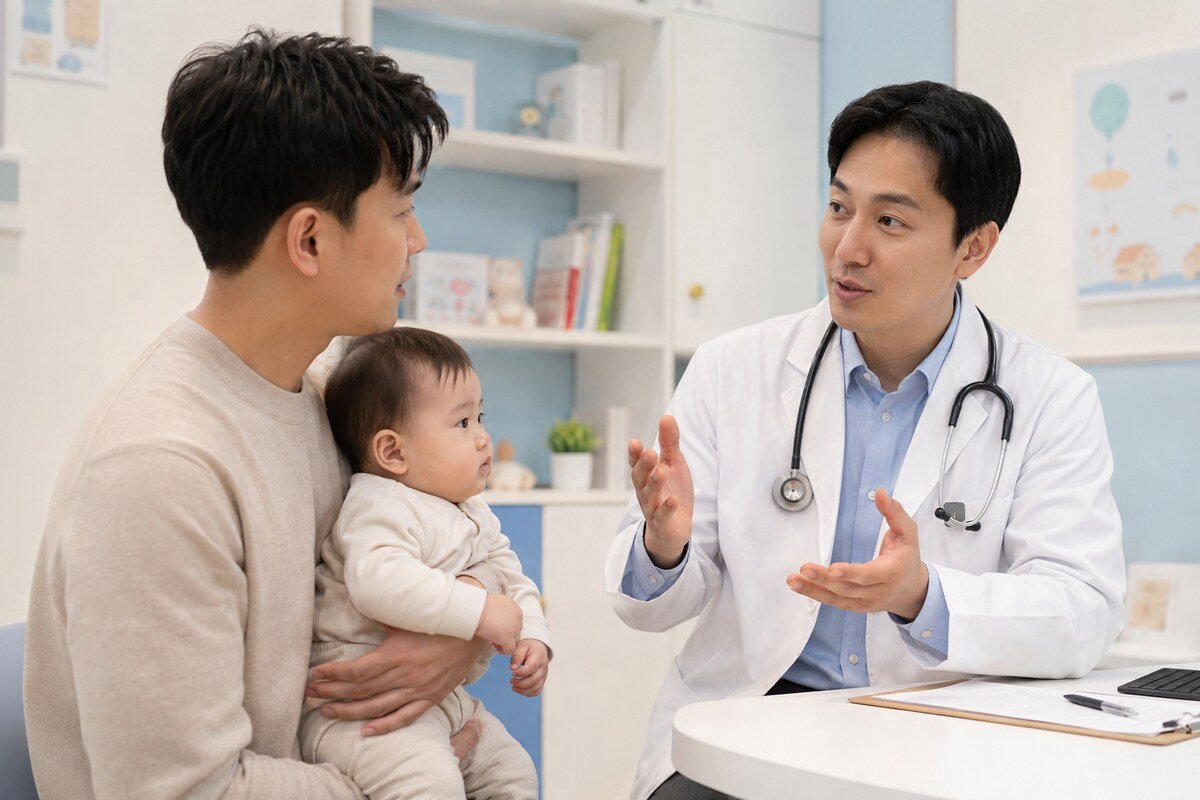 신생아 입술의 하얀 물집 변화를 스마트폰 사진으로 기록하는 아빠
