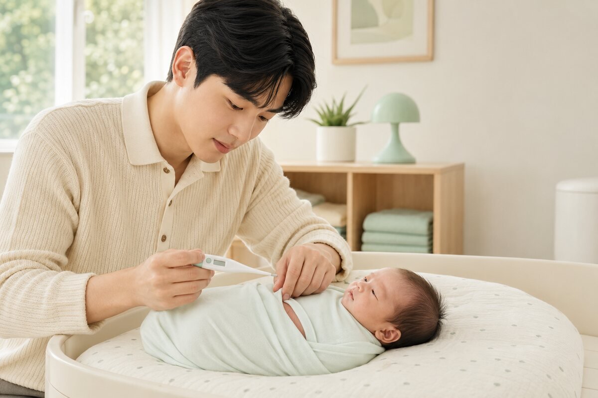 신생아 배꼽 감염과 열 확인 신생아 배꼽 감염 신호와 체온을 확인하는 아빠