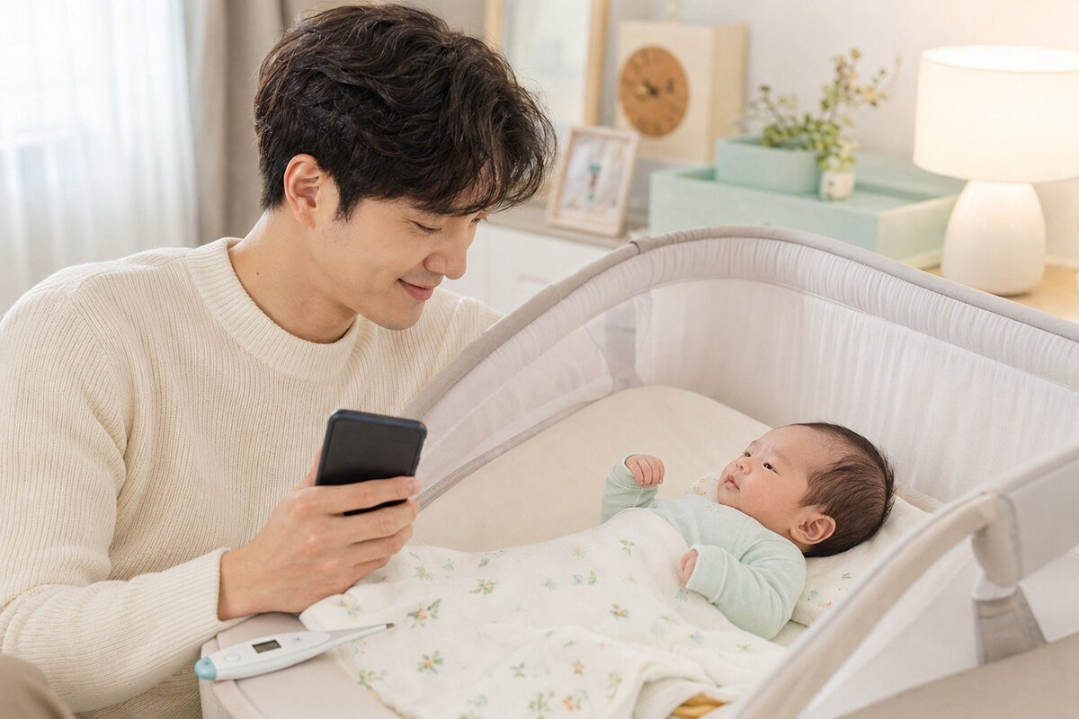 신생아의 체온과 수유량 및 기저귀 횟수를 스마트폰에 기록하는 아빠