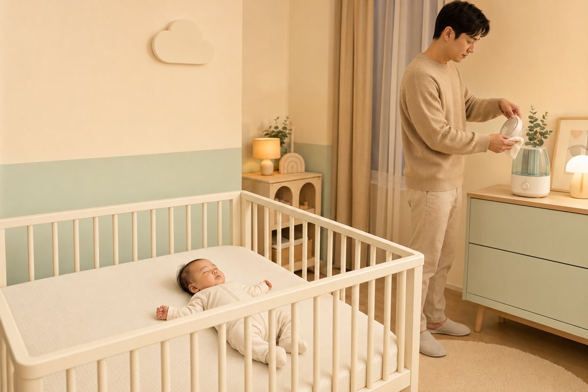 평평하고 비어 있는 아기침대에서 등을 대고 자는 신생아와 멀리 둔 가습기를 관리하는 아빠