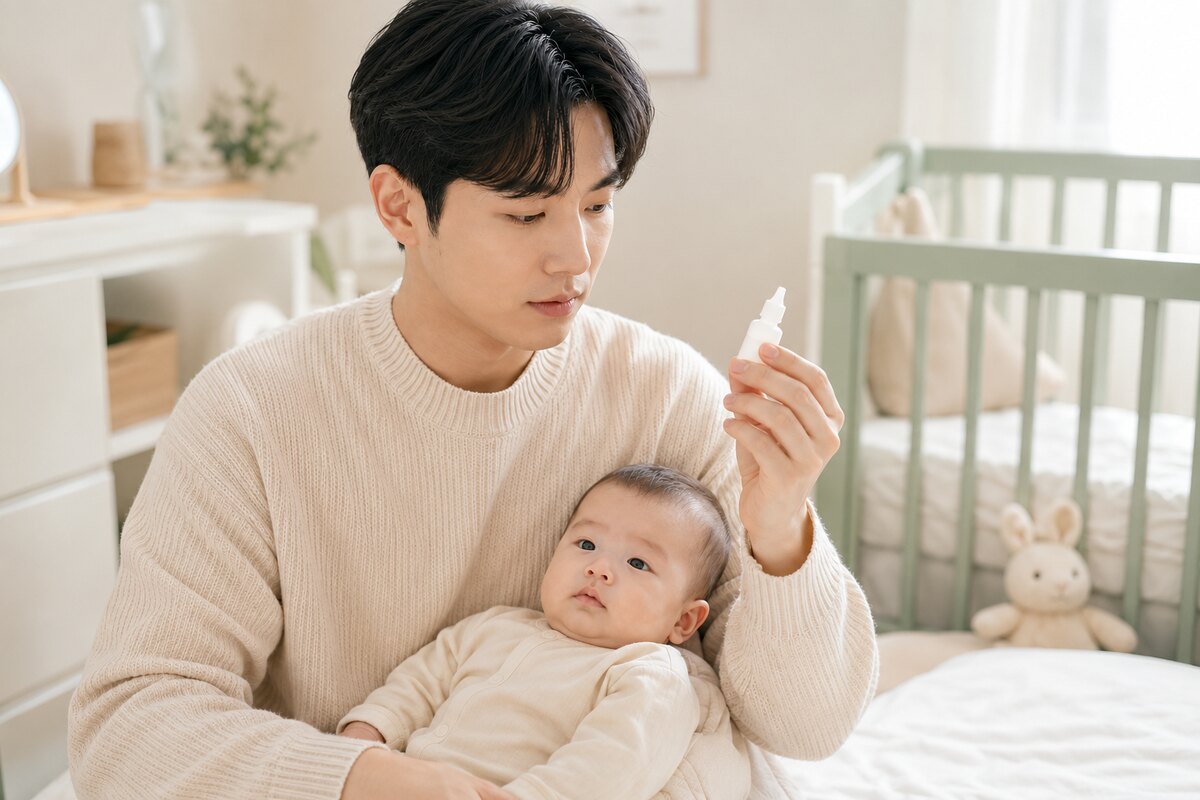 보호자가 처방받지 않은 안약을 신생아에게 임의로 사용하지 않는 모습