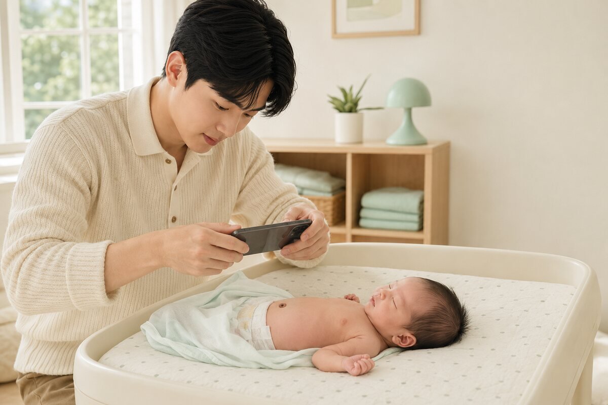 신생아 배꼽 상태 사진 기록 신생아 배꼽의 붉은 범위와 진물 변화를 휴대전화로 기록하는 아빠