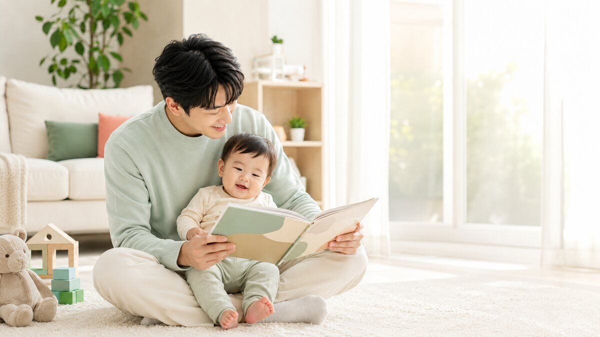 아이돌봄서비스 도움으로 여유를 찾고 아기와 책을 읽는 한국인 아빠