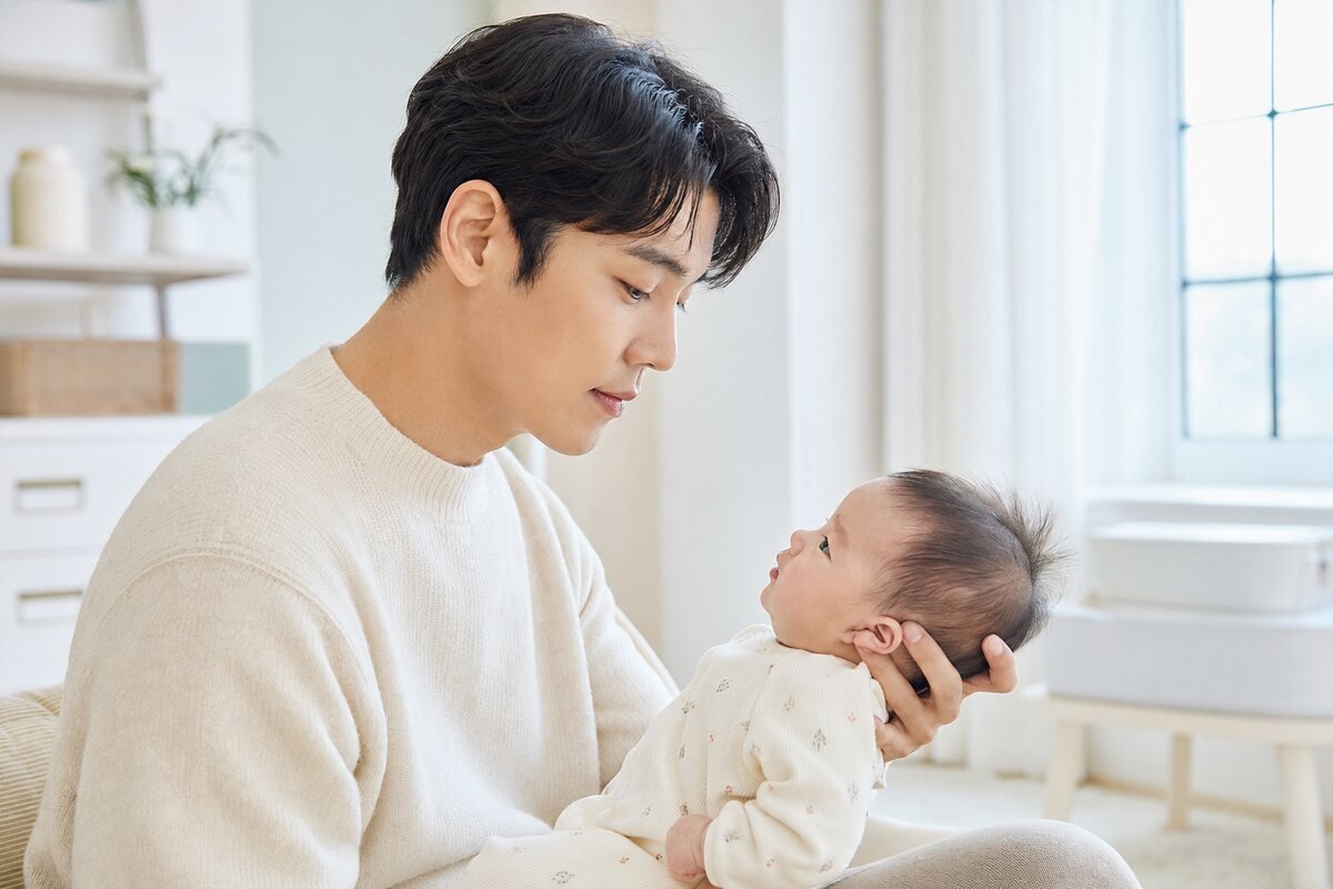 사레 뒤 아기의 호흡과 입술색을 차분히 확인하는 아빠