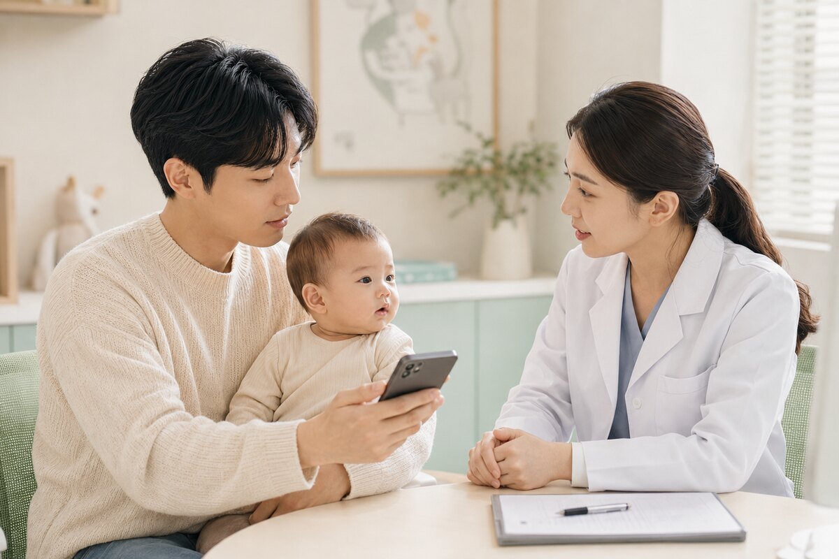 신생아 눈곱과 눈꺼풀 붓기를 소아청소년과 의료진에게 상담하는 보호자