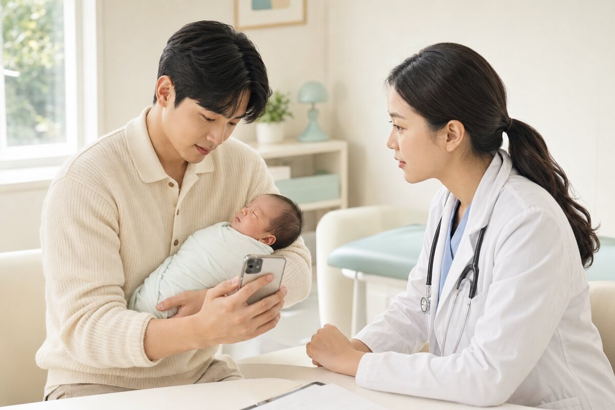 신생아 배꼽 피 소아청소년과 상담 신생아 배꼽 출혈 기록을 보여주며 소아청소년과 의사와 상담하는 아빠