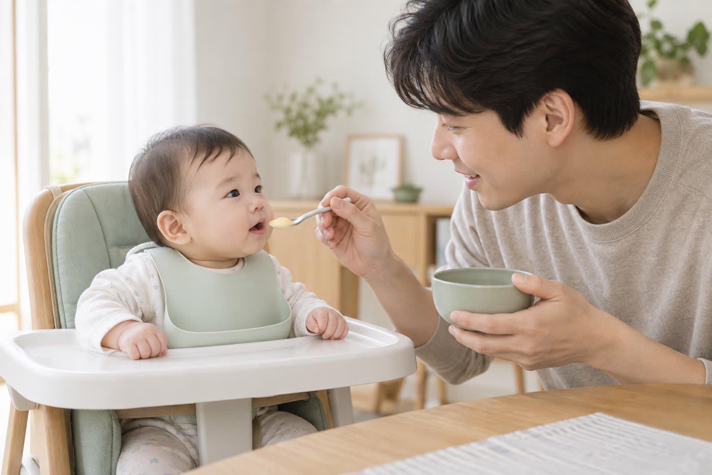 바르게 앉은 생후 200일 아기에게 작은 숟가락으로 첫 이유식을 천천히 건네는 아빠