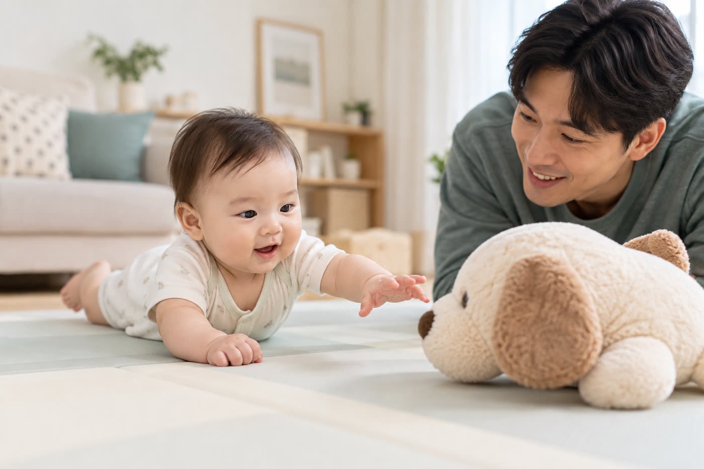 보호자가 지켜보는 바닥 놀이에서 큰 장난감에 손을 뻗는 생후 200일 아기
