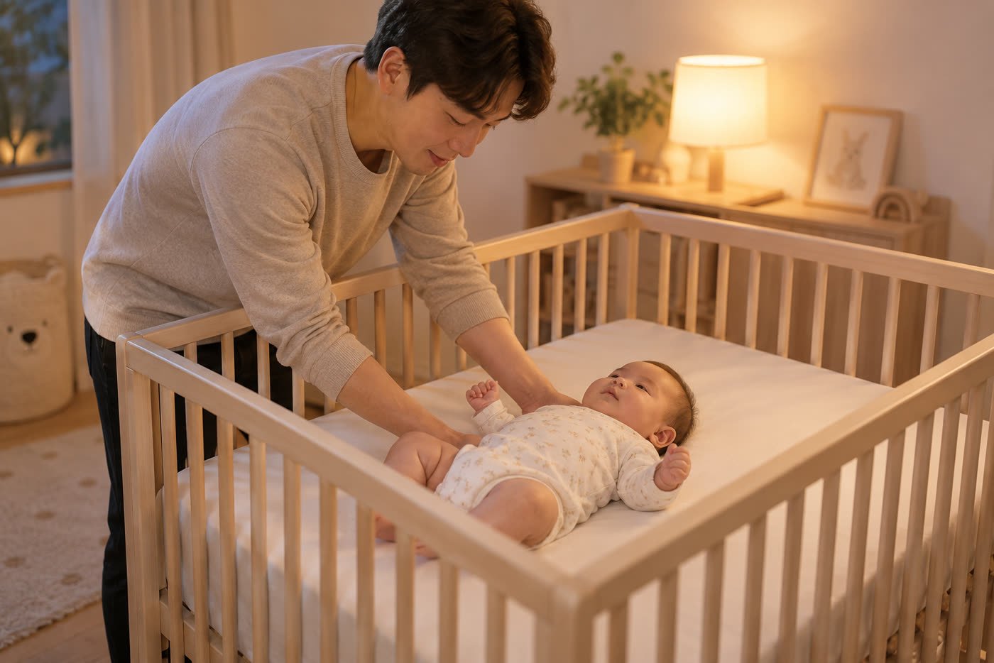 베개와 이불이 없는 단단하고 평평한 아기 침대에 아기를 등을 대고 눕히는 아빠