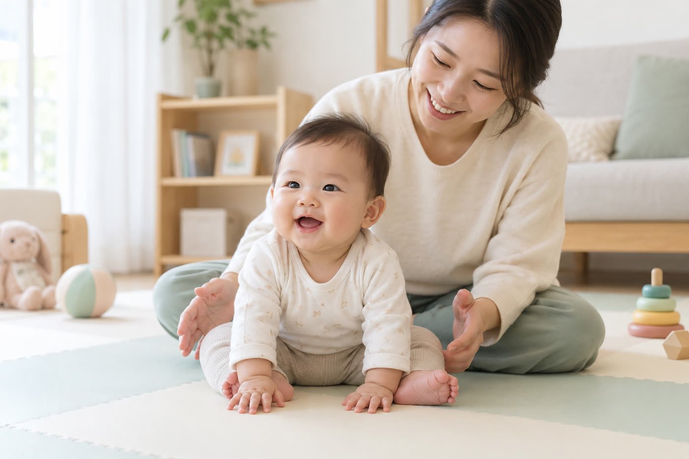 보호자가 가까이에서 지켜보는 가운데 두 손을 짚고 앉기 균형을 연습하는 생후 200일 아기