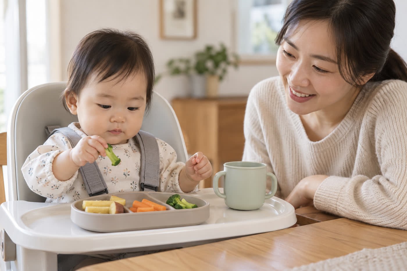 보호자가 가까이 지켜보는 가운데 의자에 바로 앉아 부드러운 핑거푸드와 컵을 탐색하는 300일 아기