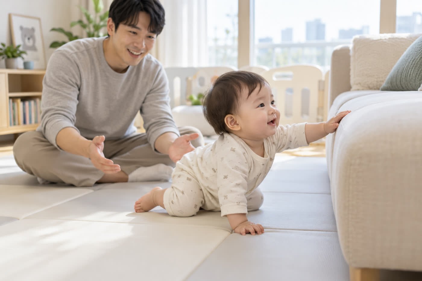 아빠가 가까이 지켜보는 가운데 바닥에서 이동하며 낮은 소파를 탐색하는 300일 아기