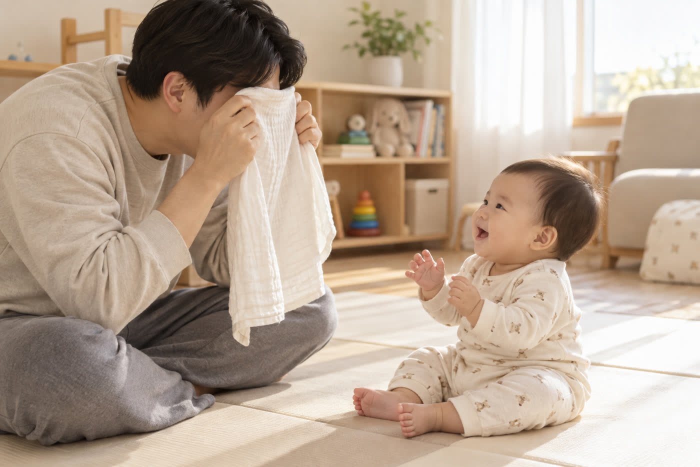 아빠와 까꿍 놀이를 하며 표정과 소리를 주고받는 300일 아기