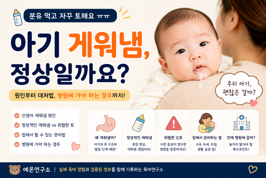 수유 뒤 신생아 게워냄을 살피며 아기를 편안하게 안은 부모