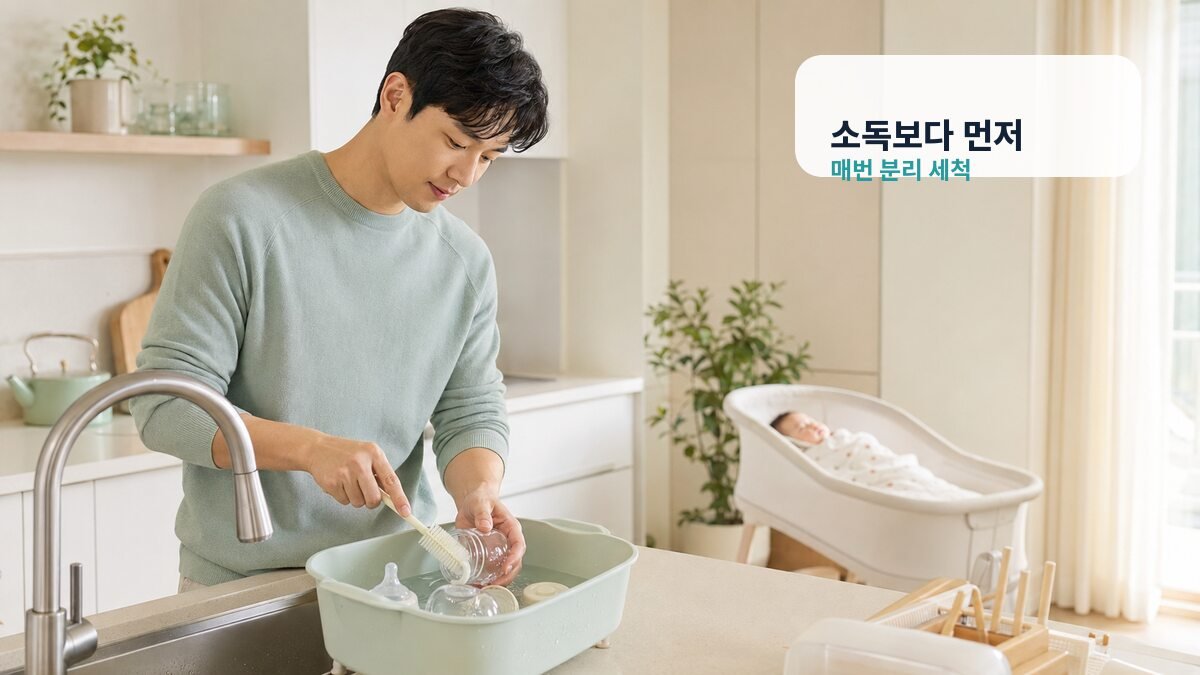 전용 세척 통과 솔로 젖병 부품을 분리 세척하는 아빠
