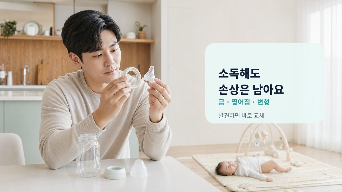 젖병 젖꼭지의 금과 변형을 확인하는 아빠