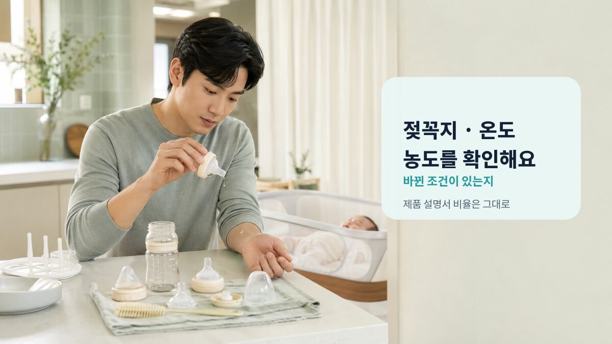 분유 거부 원인을 찾기 위해 젖꼭지와 분유 온도를 확인하는 아빠