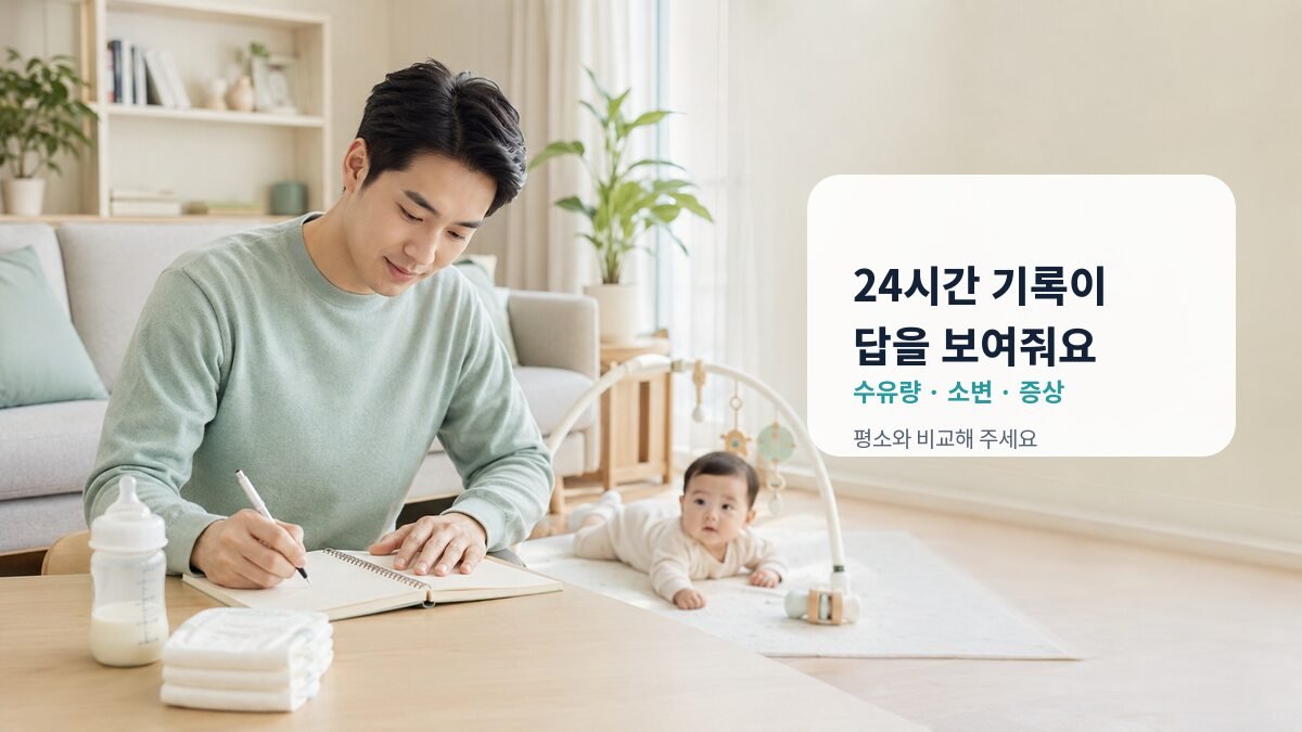 아기의 24시간 수유량과 젖은 기저귀를 기록하는 아빠